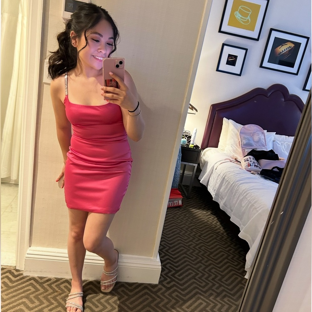 Hot pink bodycon dress with glitter straps